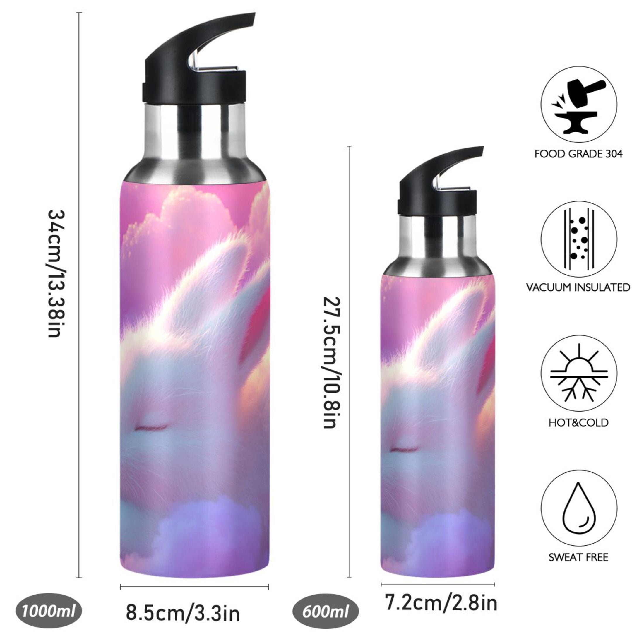 Cute Rabbit Sleeping on Dreamy Clouds Sports Bottle with Straw Stainless Steel Water Jug Portable Thermal Cup Leak-proof 1000ML