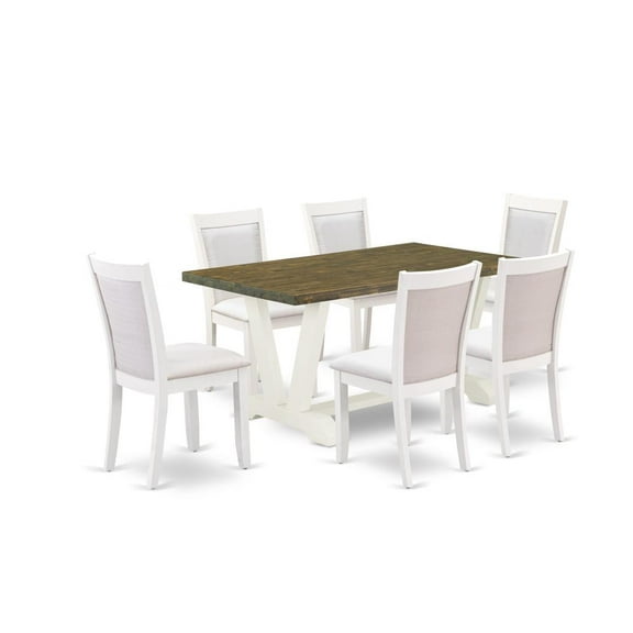 East West Furniture V076MZ001-7 7-Piece Dining Room Table Set Consists of a Wooden Table and 6 Cream Dinner Chairs - Wire Brushed Linen White Finish