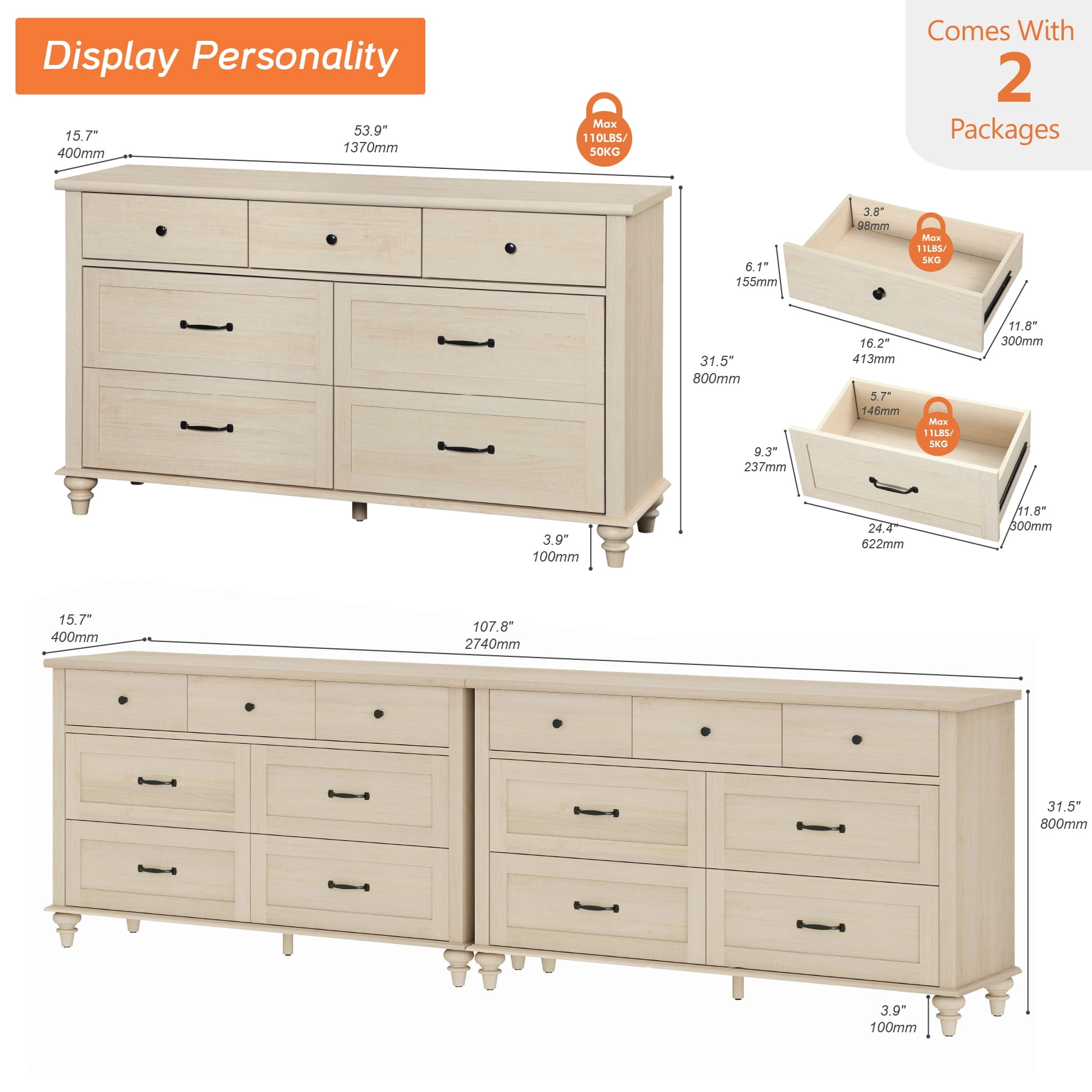 Set of 2 Dressers with 14 Drawers, Large Dresser TV Stand for Living Room Kids Room, Beige