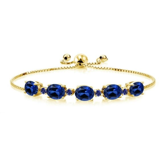 Gem Stone King 8.20 Ct Oval Blue Created Sapphire 18K Yellow Gold Plated Silver Bracelet for Women