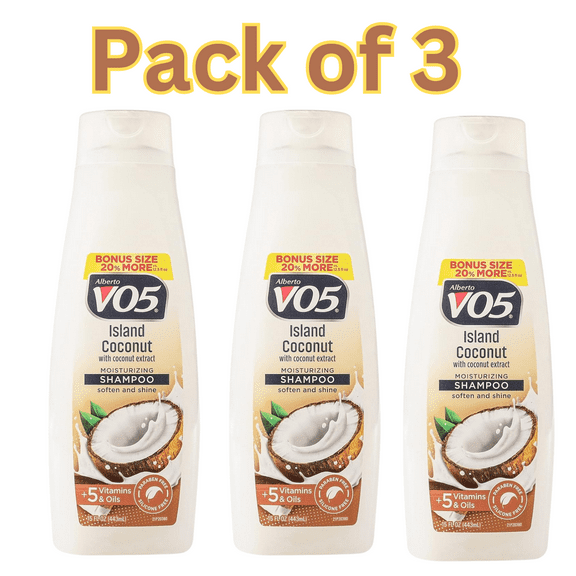 Alberto VO5 Island Coconut Moisturizing Shampoo with Coconut Extract, Bonus Size 15 fl oz (443 ml), Pack of 3