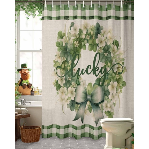 St. Patrick's Shower Curtain, 72" x 84", Day Retro Wreath with Bowknot Green Plaid Waterproof Bathroom Curtain Washable Shower Curtain Set with 12 Hooks