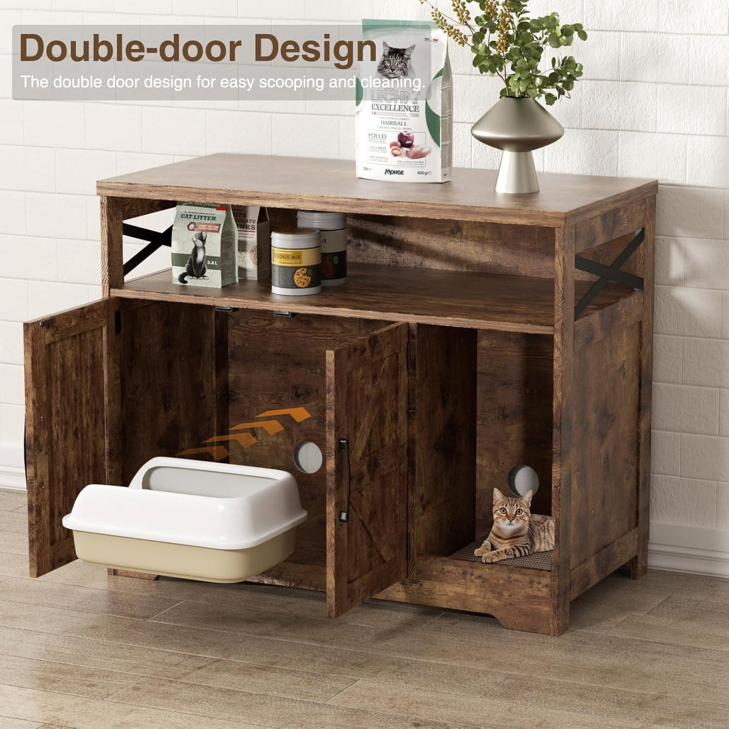 VEANERWOOD Cat Litter Box Enclosure with Cat Scratch Pad,Hidden Cat Washroom Furniture with Entry Open Compartment,Retro Brown