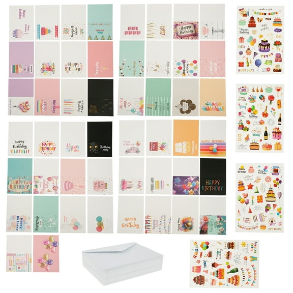 50 Pack Unique Gold Foil Birthday Cards with Envelopes & Stickers Blank Happy Birthday Cards Assortment in Bulk for Family Kids, Friends Work & Office Celebrations