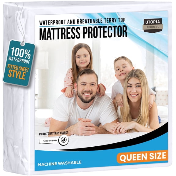 Utopia Bedding Waterproof Mattress Protector – Fitted Sheet Style, Deep Pocket Cover Fits Up to 15 Inches, Washable & Breathable Mattress Topper