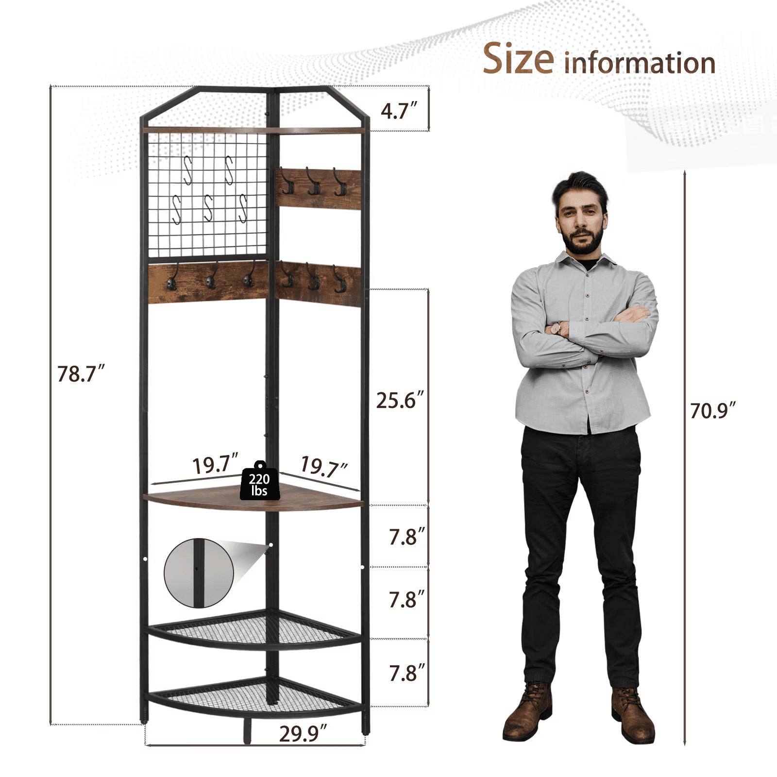 Corner Hall Tree with Shoe Bench Entryway Coat Rack with 10 Metal Movable Hooks Floor Standing Clothes Rack Shoes Shelf Organizer for Home Office Bedroom