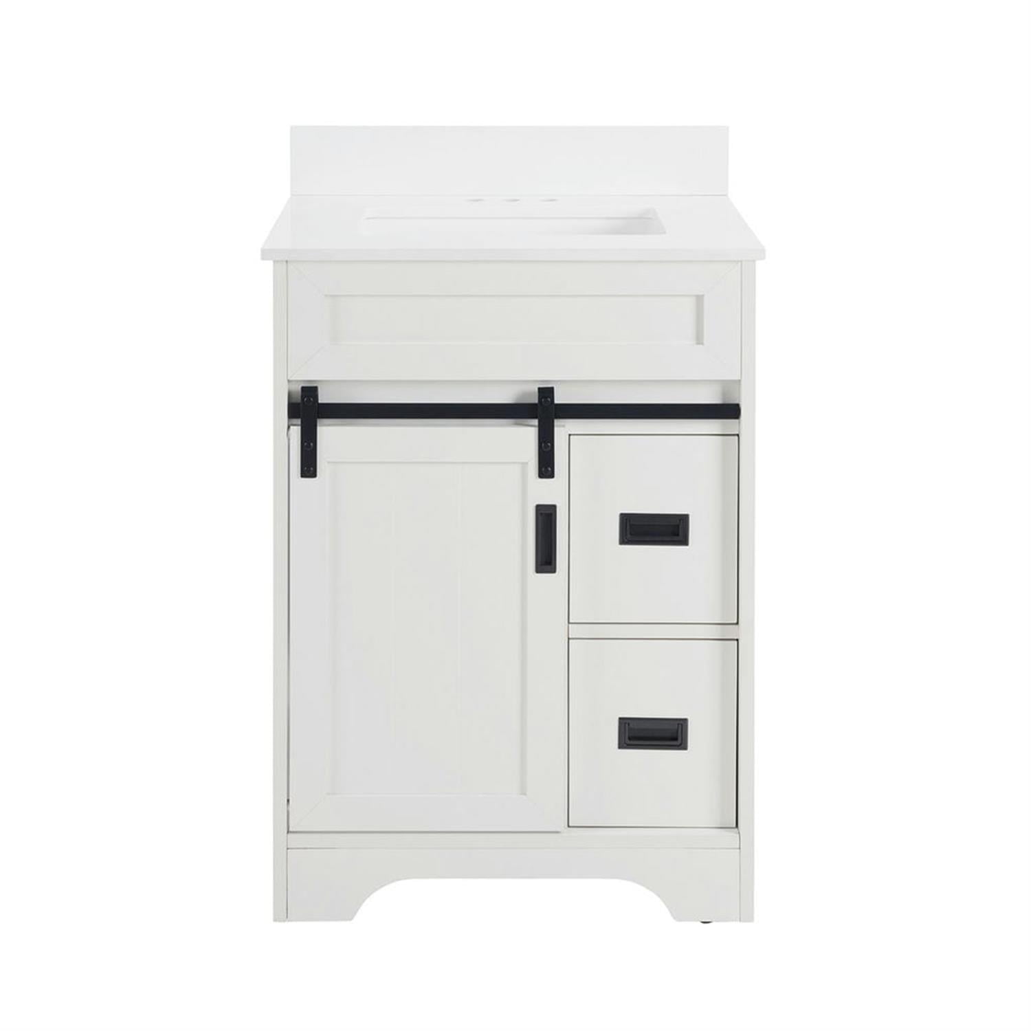 Demi Bonn 24" Freestanding Bathroom Vanity with Single Sink Combo, Farmhouse Undermount Bathroom Vanities Cabinet with Sliding Barn Doors and 2 Drawers, White