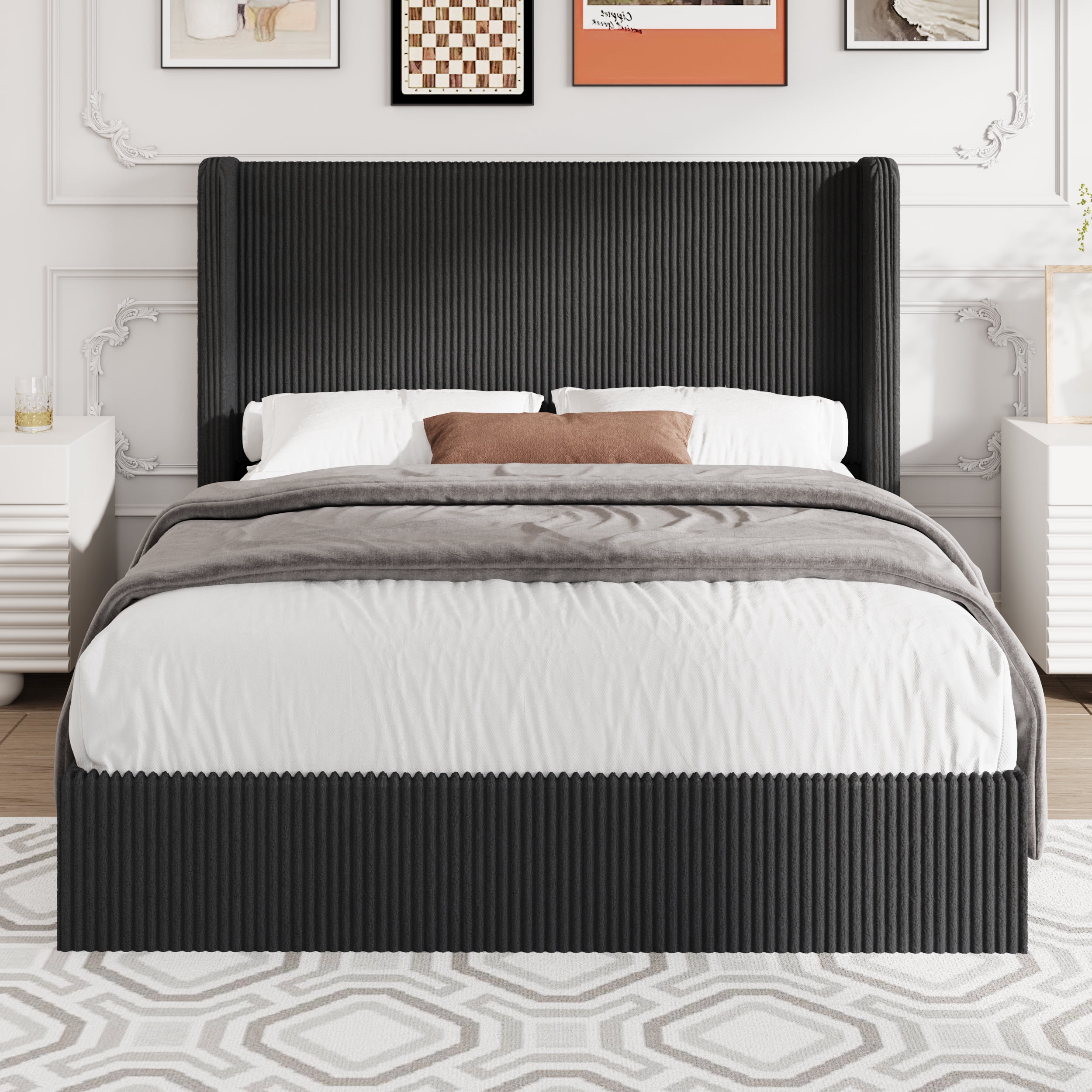 Amolife Full size Hydraulic Lift Storage Bed Frame with Wingback Headboard, Corduroy Upholstery, Black
