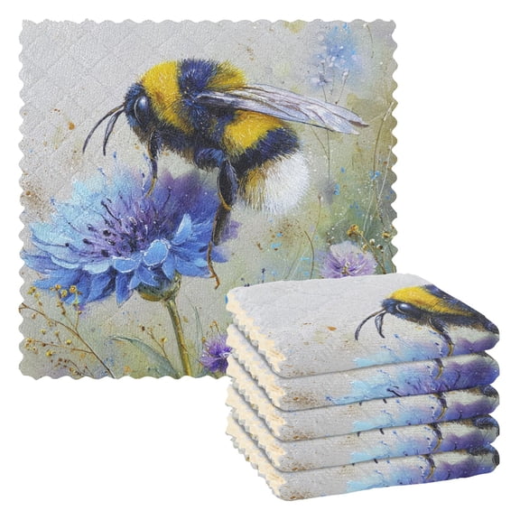 6 Pieces of Kitchen Towels 11x11Inch Kitchen Dish Cloths Kitchen Dish Towels Reuseable Cleaning Cloths Bumblebee on Flowers