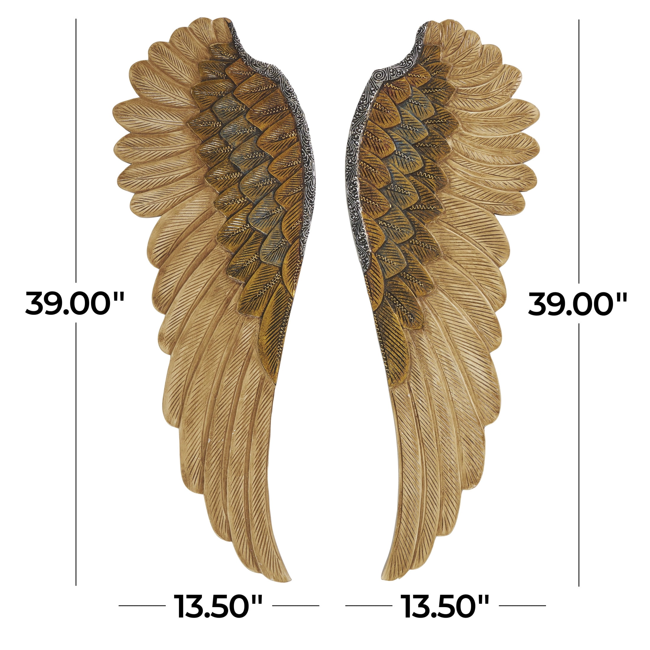 DecMode Gold Wooden Carved Angel Wings Bird Wall Decor with Gold Accents (2 Count)