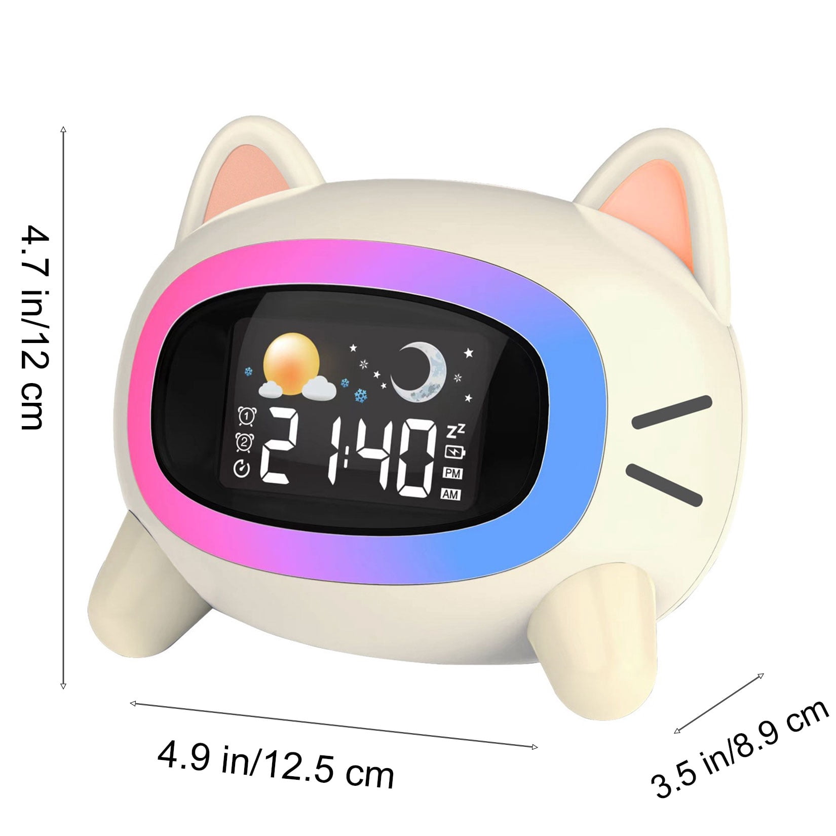 Teen Bedroom Digital Alarm Clock with Night Light - Cat Shaped Alarm Clock with Seven Night Lights, Five Soothing Sounds, Auto-Off Timer, Cream White(One Pcs)