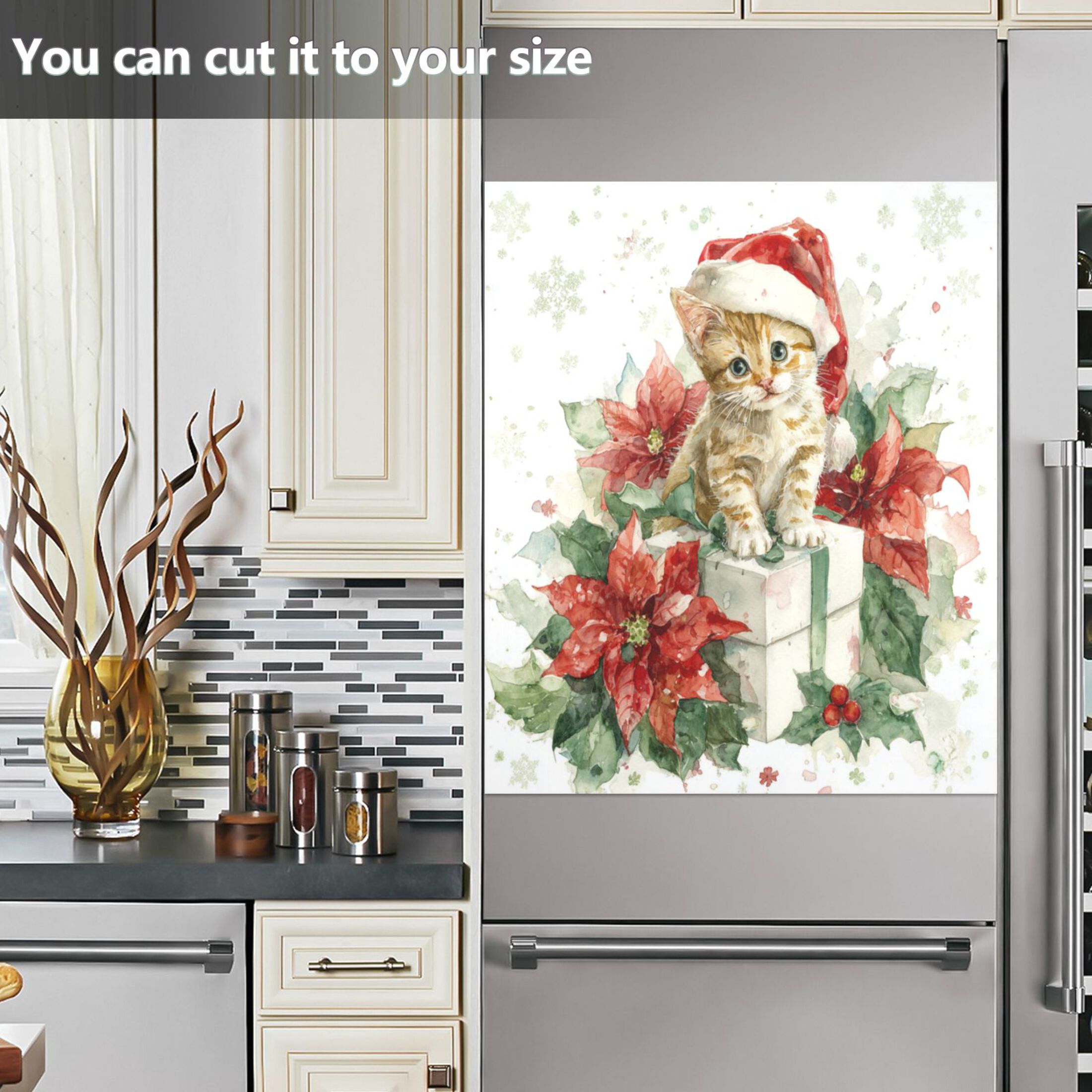 Dishwasher Magnetic Refrigerator Magnet Cover Sticker Home Decorative 23"x26" Poinsettia Flowers and Christmas Kitten