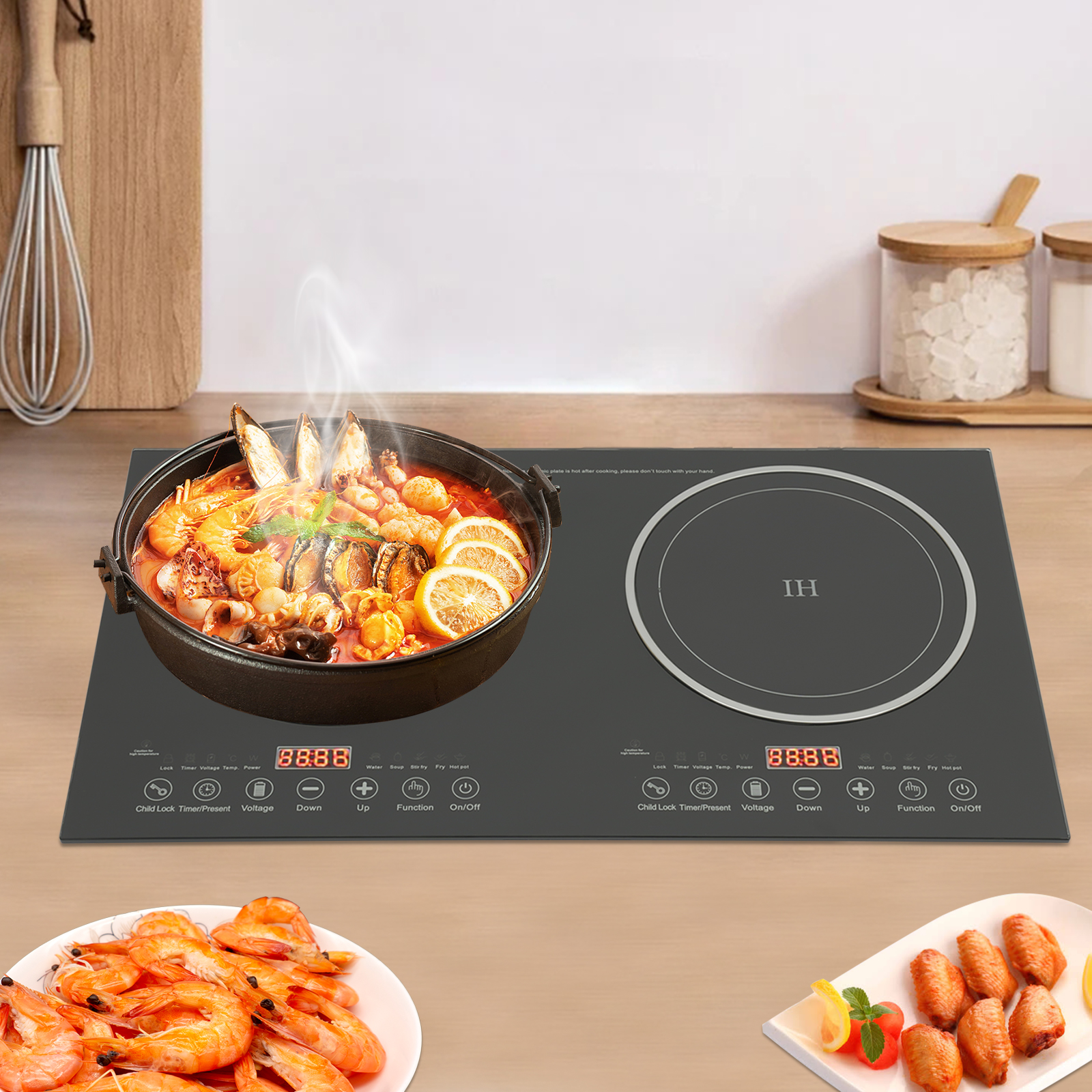 Double Burner 2400W Induction Cooktop with Touch Controls, Black Crystal Panel, 8 Power Levels, Non-Slip Pads, 110V, Easy to Clean & Fast Heat Dissipation