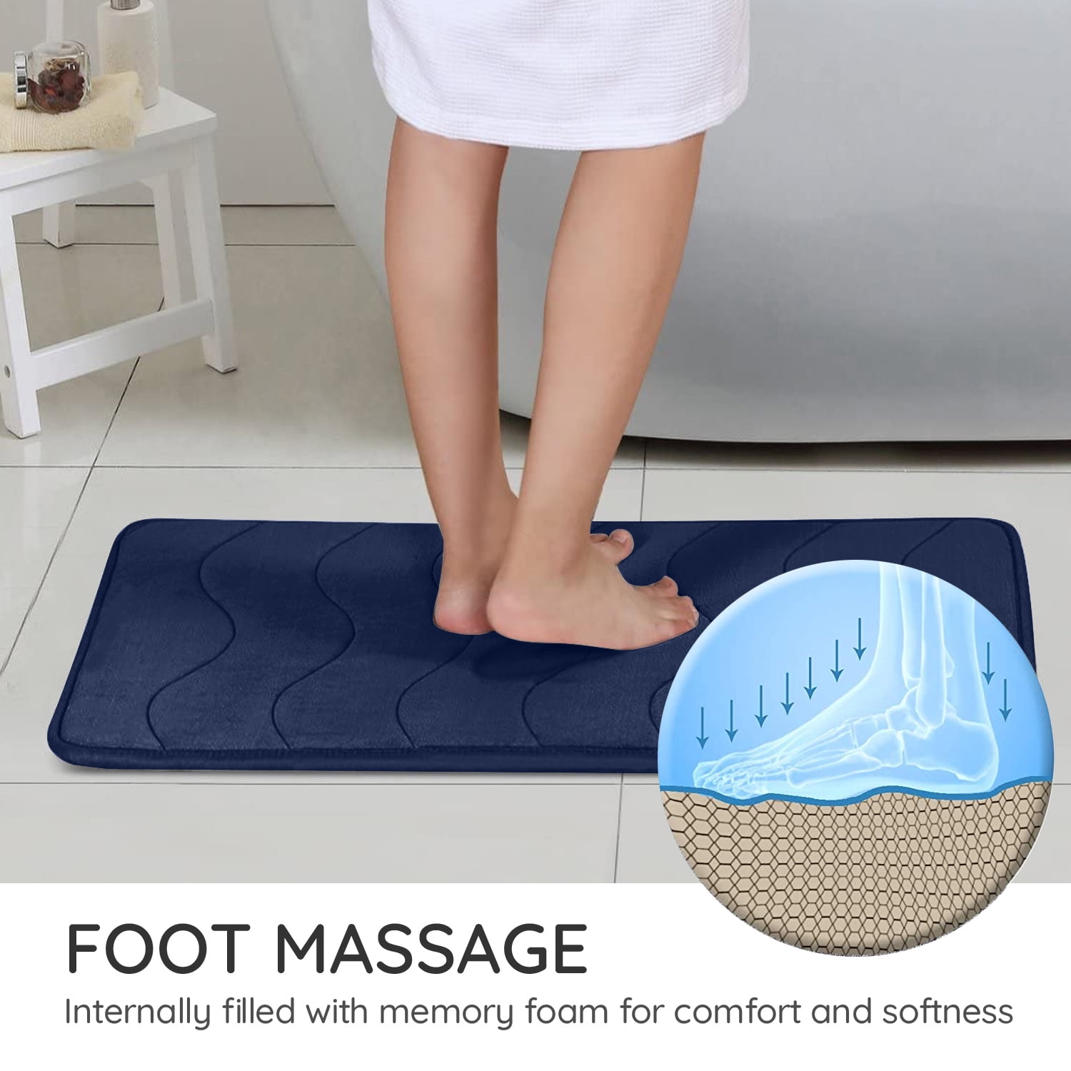 Large Bathroom Rugs Non Slip, Memory Foam Bath Mat, PVC Dot Bottom Quick Dry Bath Rug Runner, Absorbent Shower Mat for Bathroom Floor Tub, 24 x 36 Inch, Navy