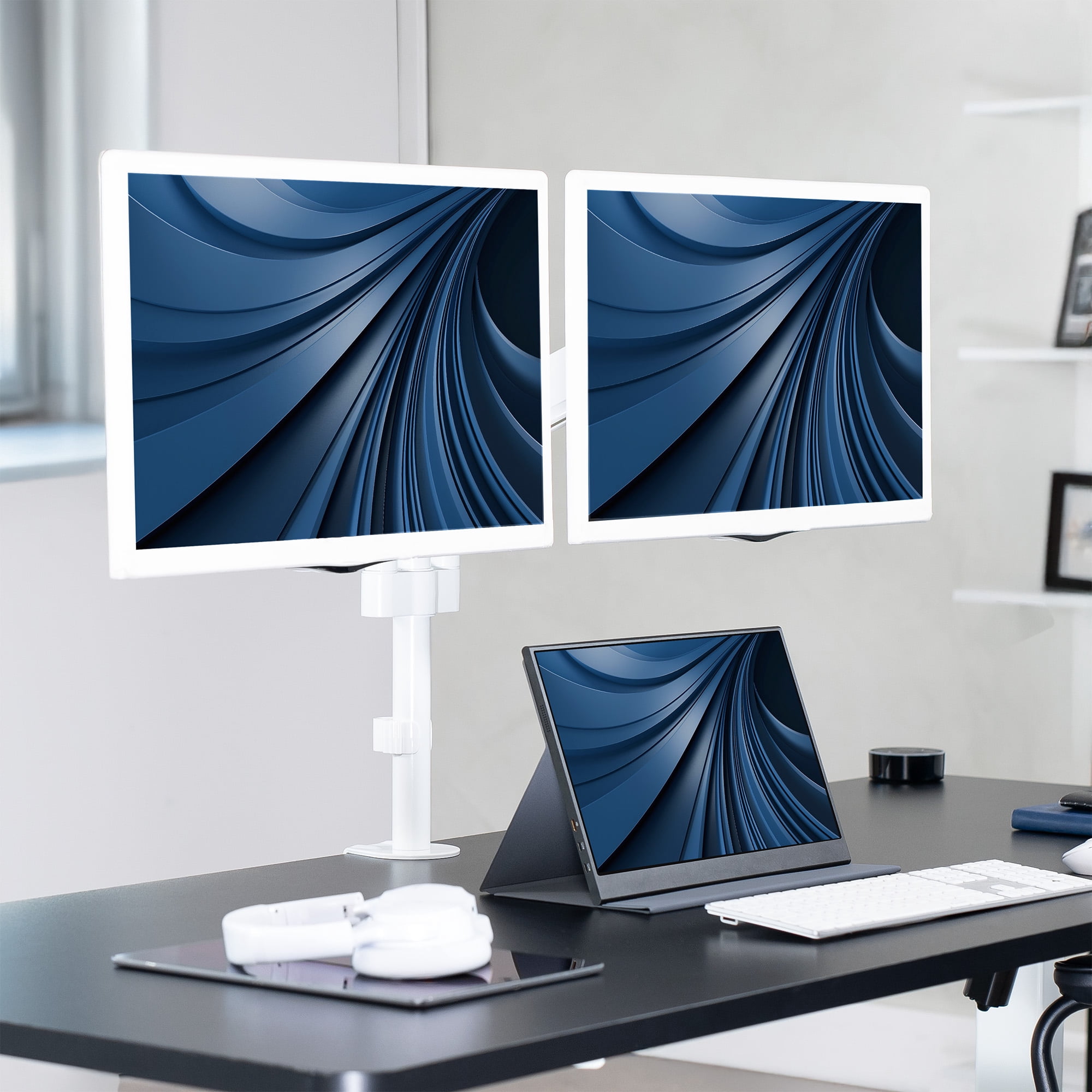 VIVO White Dual Monitor Pneumatic Sit-Stand Desk Mount for 2 Screens up to 32"