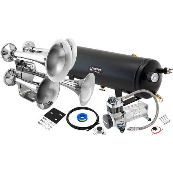 Vixen Horns Train Horn Kit for Trucks/Car/Semi. Complete Onboard System- 200psi Air Compressor, 3 Gallon Tank, 4 Trumpets. Super Loud dB. Fits Vehicles like Pickup/Jeep/RV/SUV 12v VXO8330/4318