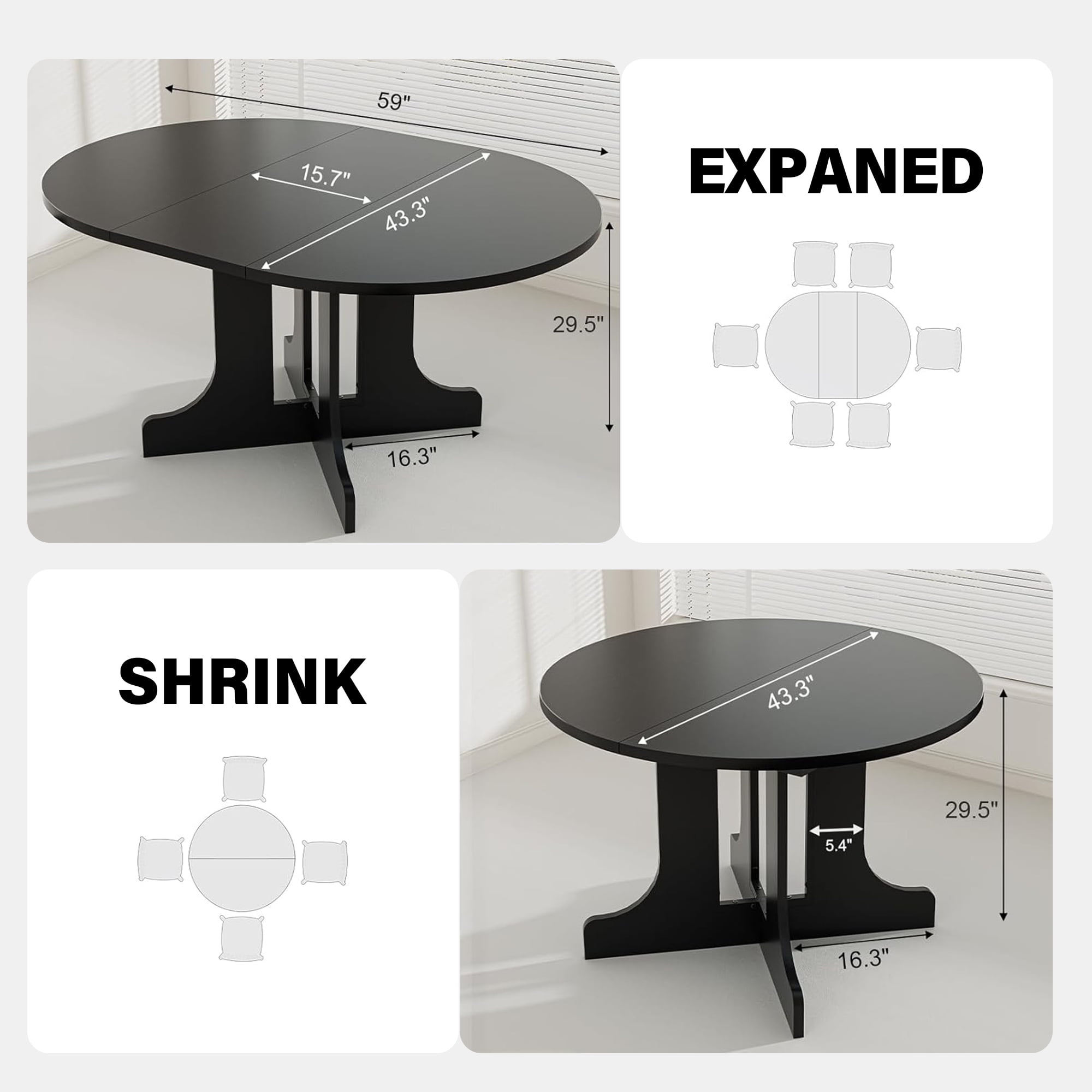 Aukfa Extendable Dining Room Table for 4-6,Oval Table Top with Removable Leaf for Kitchen Dining Living Room,Black