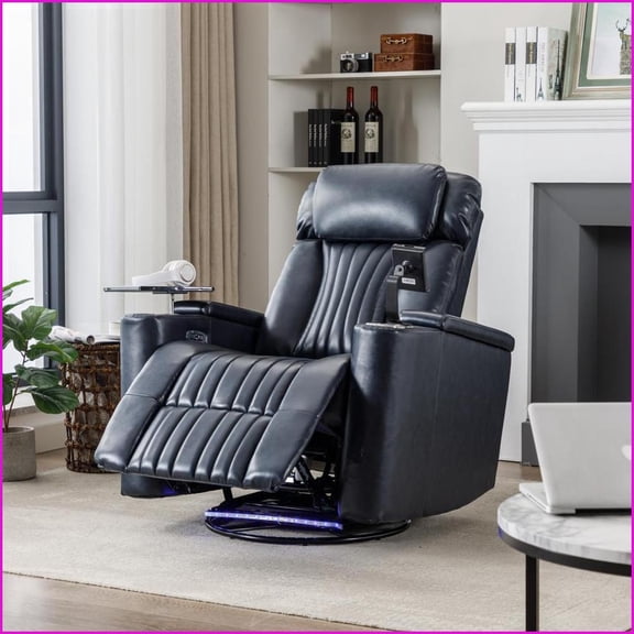 Recliners 270° Power Swivel Home Theater Seating with Hidden Arm Storage, LED Light Strip, Cup Holders, 360° Swivel Tray Table, Cell Phone Holder | Blue | PU Leather