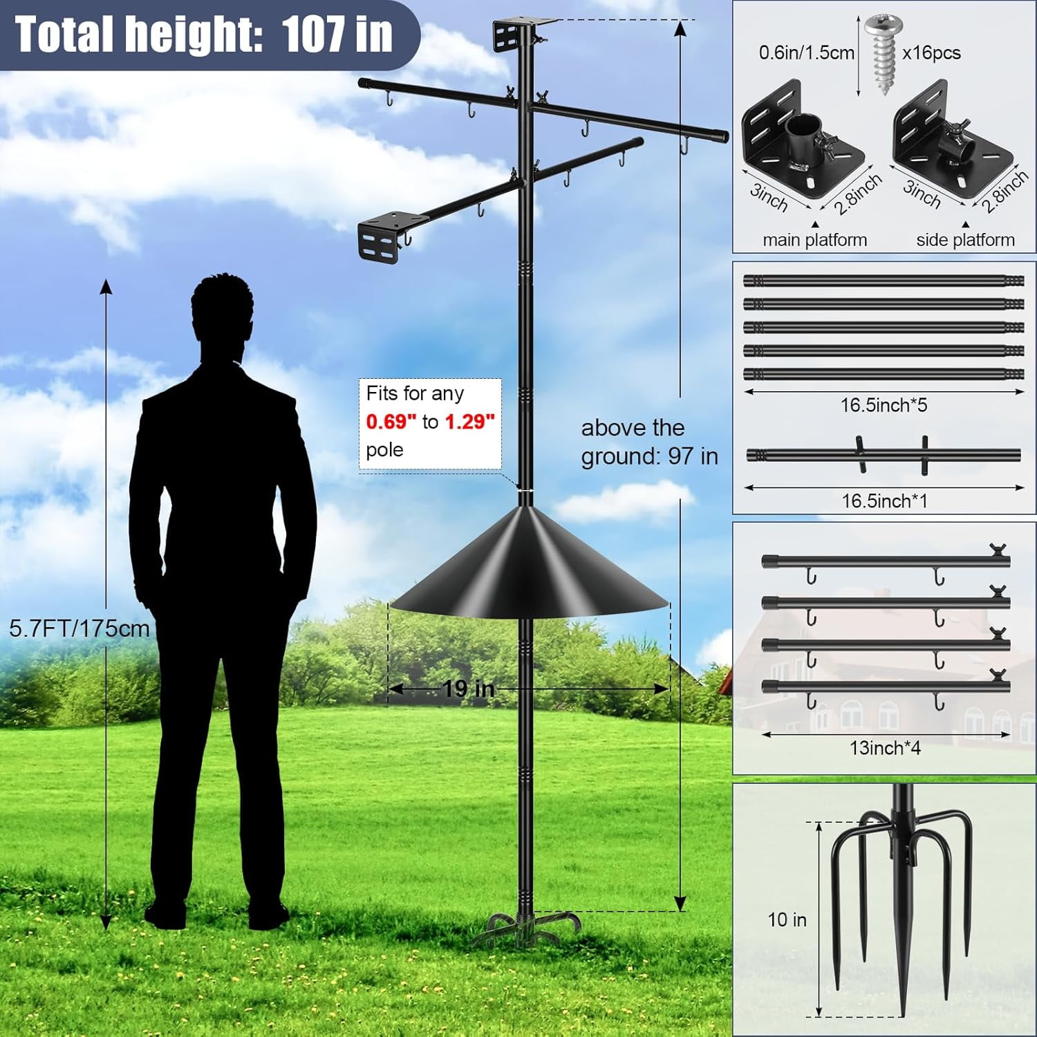 Gtongoko Smart Bird Feeder Pole 1-Inch Dia 79 Inch Bluebird House Pole for Outdoors Weather Station Heavy Duty Metal Mounting Kit Adjustable Bird Feeder Stand Black