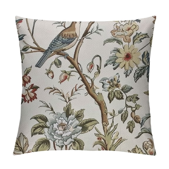 Creowell Spring Floral Birds Pillow Covers for Chinoiserie Flowers Decor Throw Pillows Brown and White Plant Outdoor Decorative Cushion Cases for Couch Bed Decorations