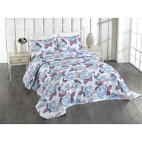 Ambesonne Blooming Roses Quilted Coverlet 3 Pcs, Winter Feels Flowers, Queen Size, Pale Maroon Soft Blue