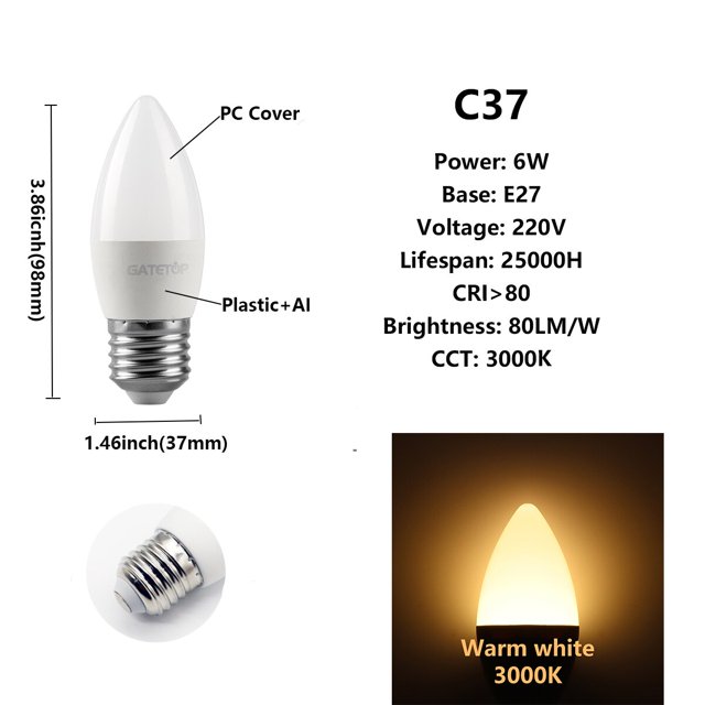 Bombilla Led para decoración del hogar, lámpara blanca cálida y fría, 12 piezas, 220V, C37, 3W-7W, E27, B22, E14