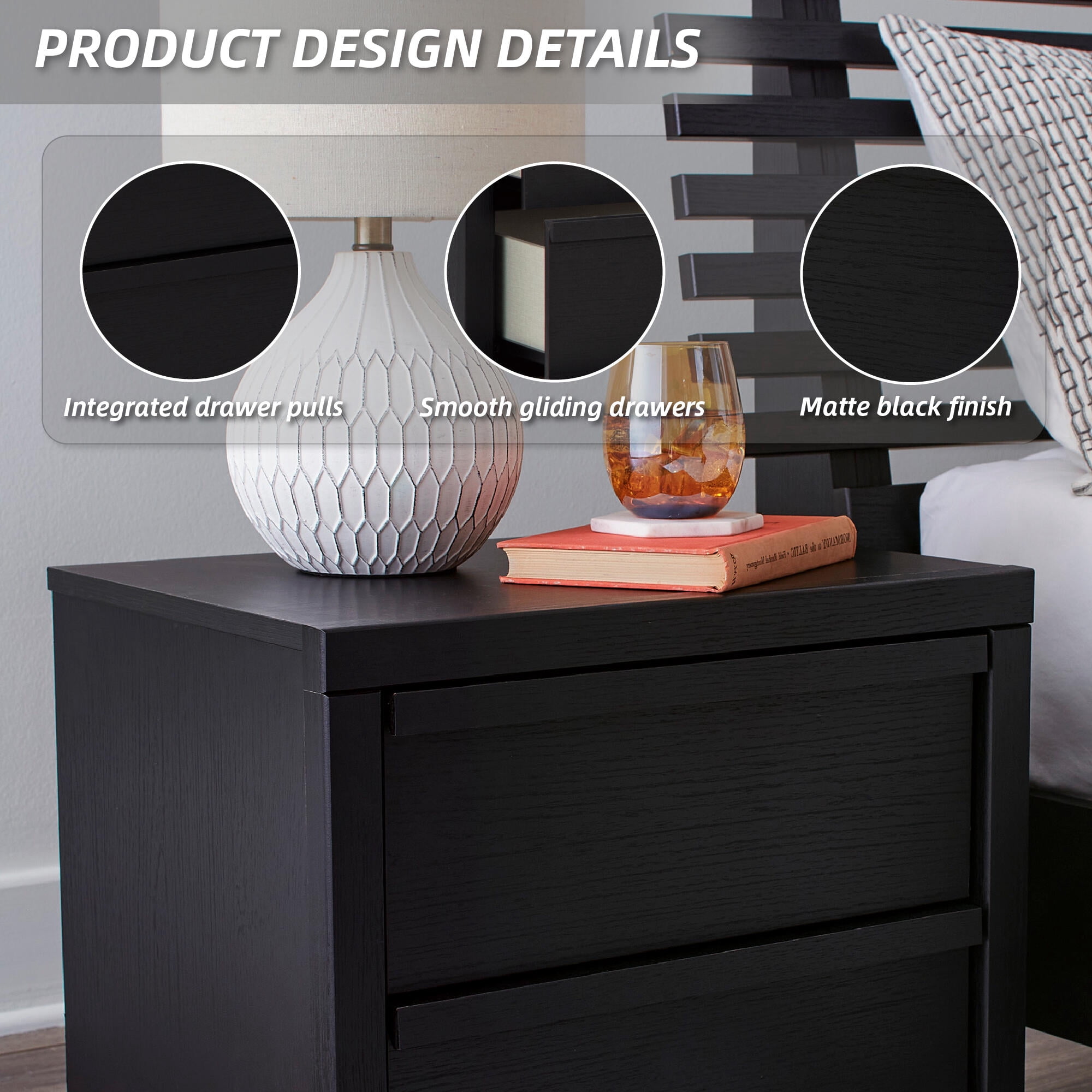 Signature Design by Ashley Danziar Modern Black Nightstand with USB and Wireless Charging, 2 Drawer Bedside Table