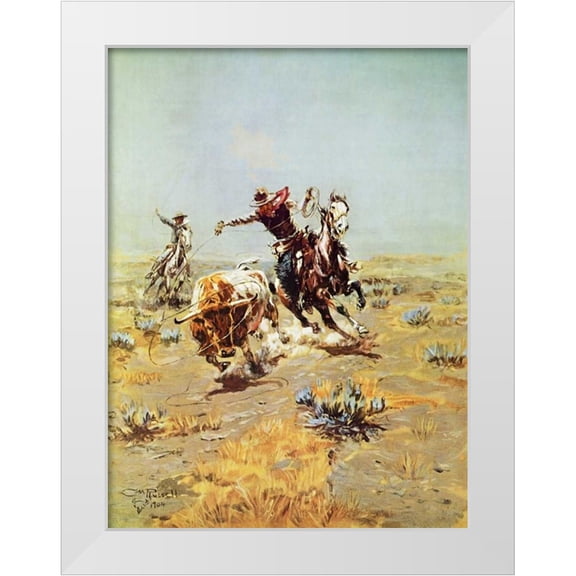Russell, Charles M. 12x14 White Modern Wood Framed Museum Art Print Titled - Cowboy Roping a Steer