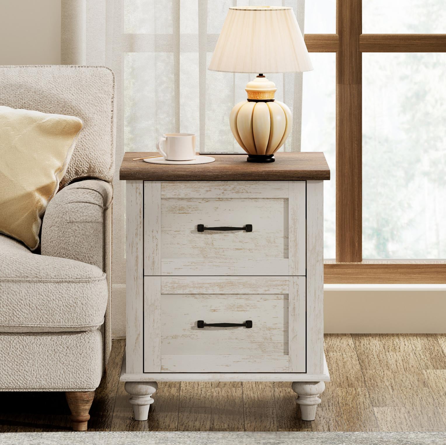 Antique White Side Table with 2 Drawers, Rustic End Table with Charging Station, Wooden Nightstand for Bedroom, Living Room
