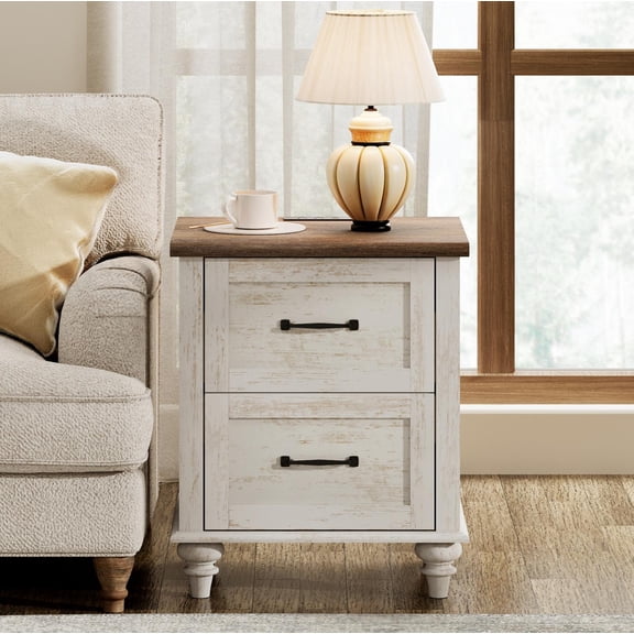 Antique White End Table with 2 Drawers, Wooden Side Table Nightstand with Charging Station for Living Room & Bedroom