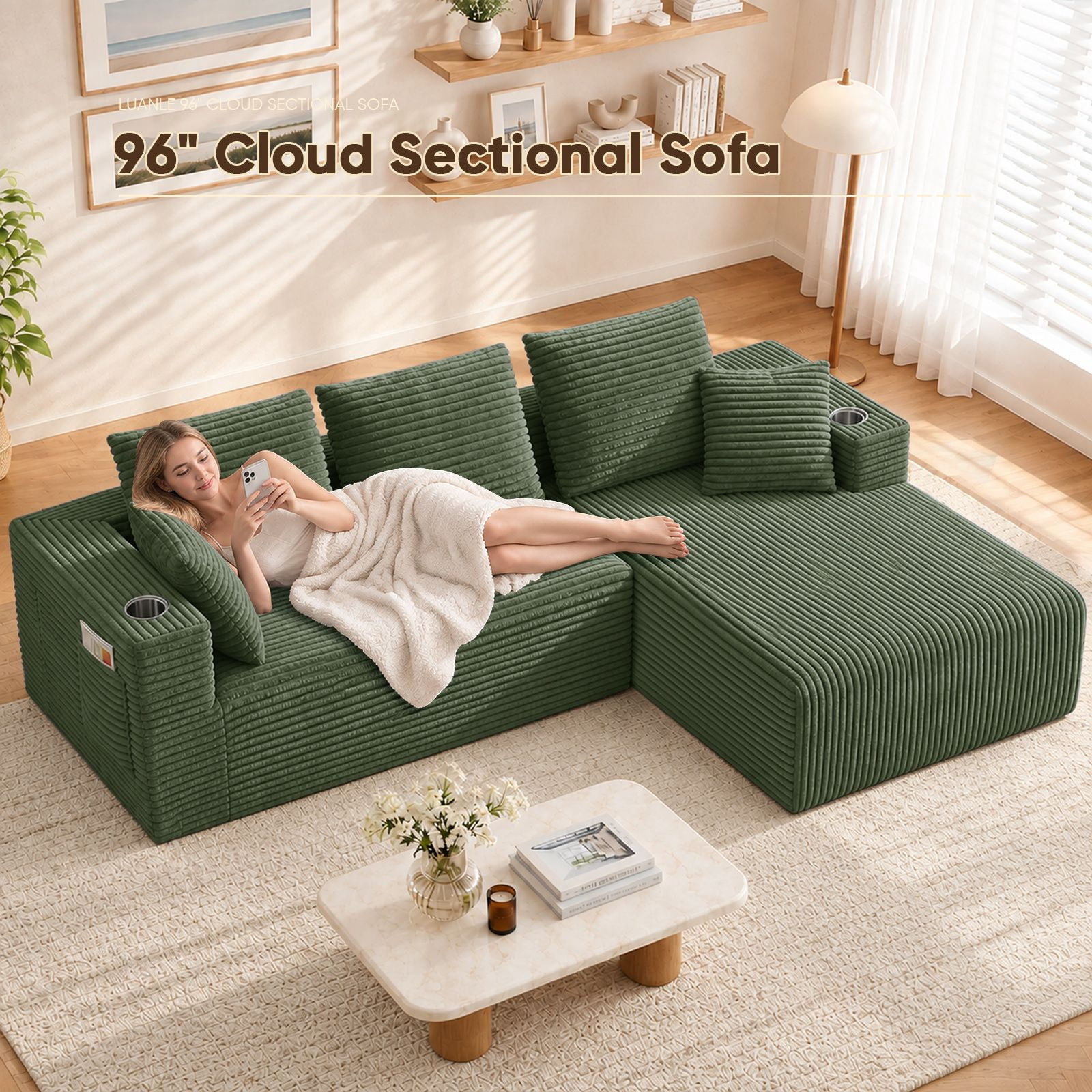 Lunale 95" Modular Sectional Sofa, L-Shaped Boneless Cloud Couch with Cup Holders, Modern Deep Seat Sofa for Living Room, Green (Right Facing Chaise)