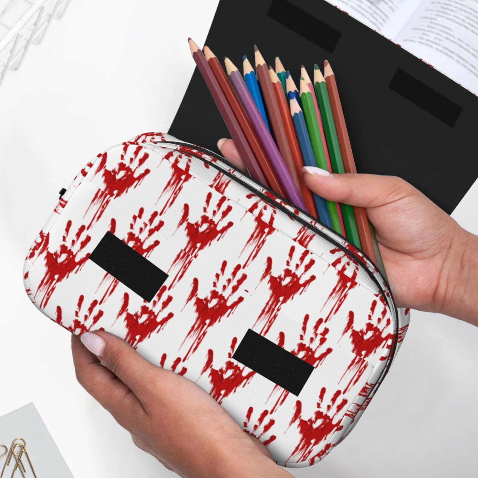 Rateoe Red Bloody Scary Hands Pattern Double Clamshell Pen Case, Storage Organizer with Two Zipper Compartments– Holds Up to 50 Pencils & Pens