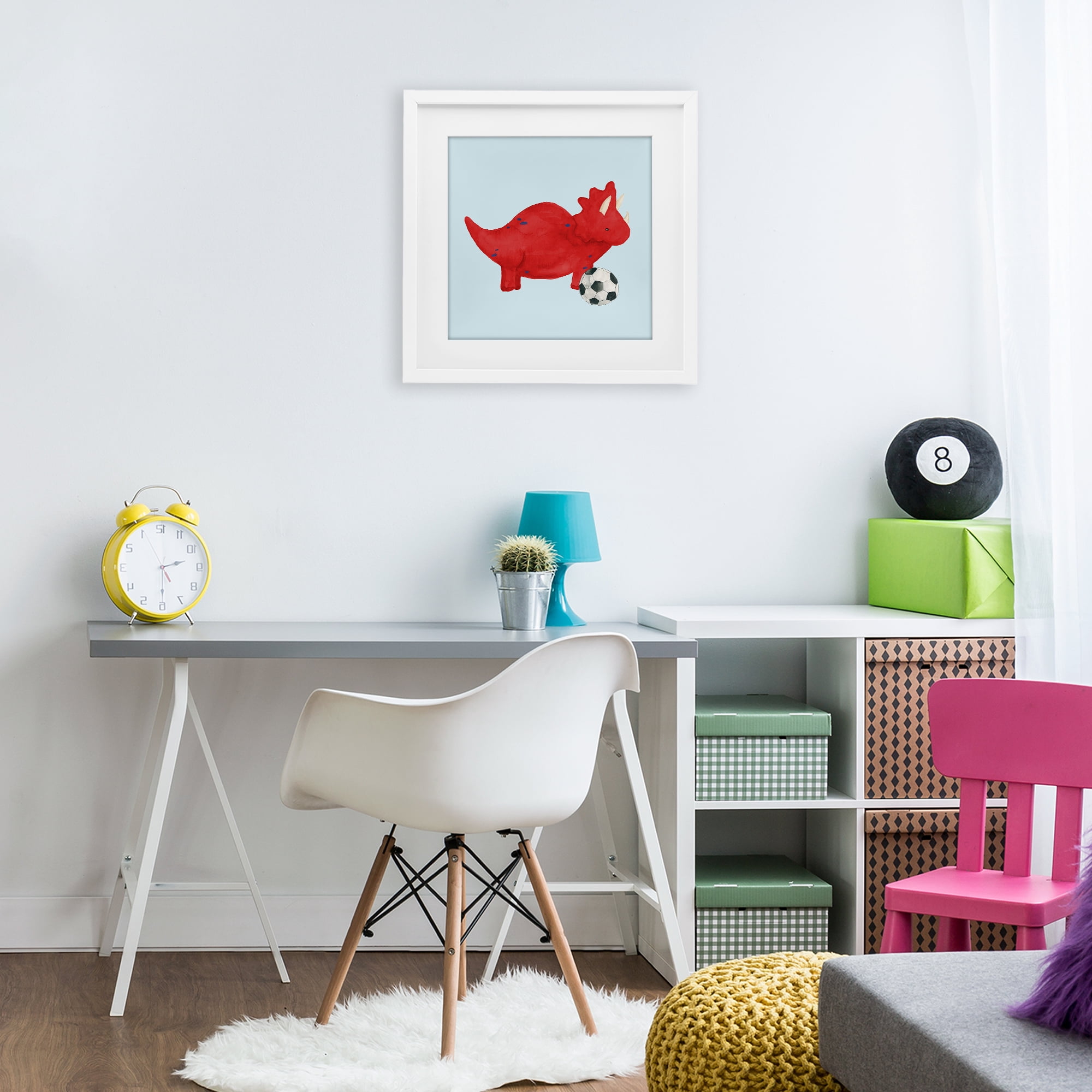 Stupell Industries Baby Dino with Ball White Framed Print Under Glass, design by Lucille Price