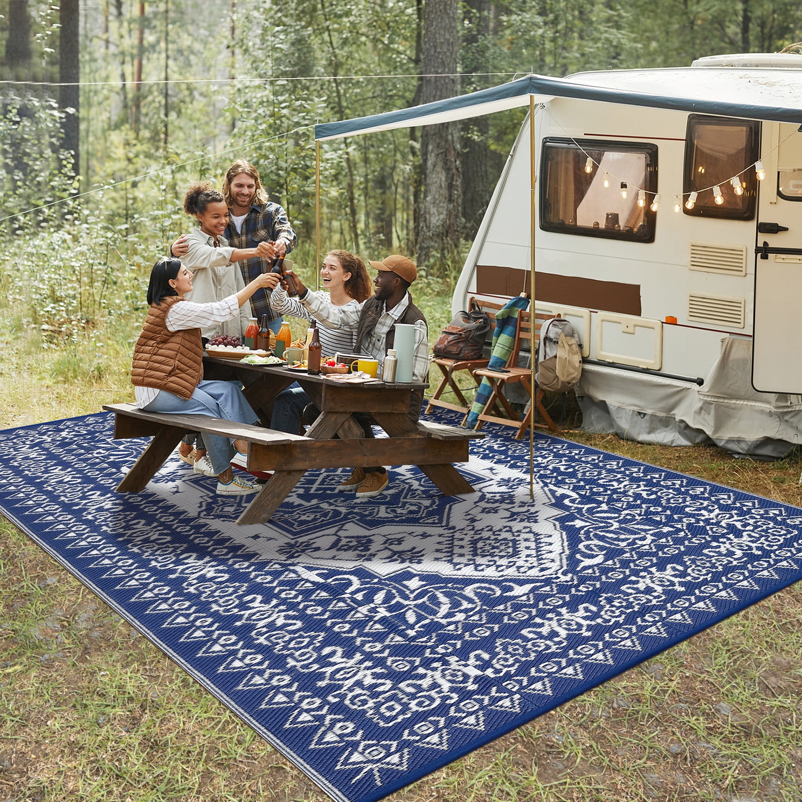 Senfot 9x12 Waterproof Reversible Plastic Straw Indoor Outdoor Area Rug for Patio RV Camping Balcony Deck Backyard Dark Blue and White