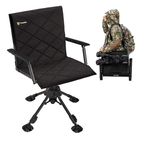 TIDEWE Hunting Chair with Seat Cover 360 Degree Silent Swivel Blind Folding Chair 4 Legs Adjustable Height Hunting Seats with Armrest Portable Comfortable Stable Ground Hunting