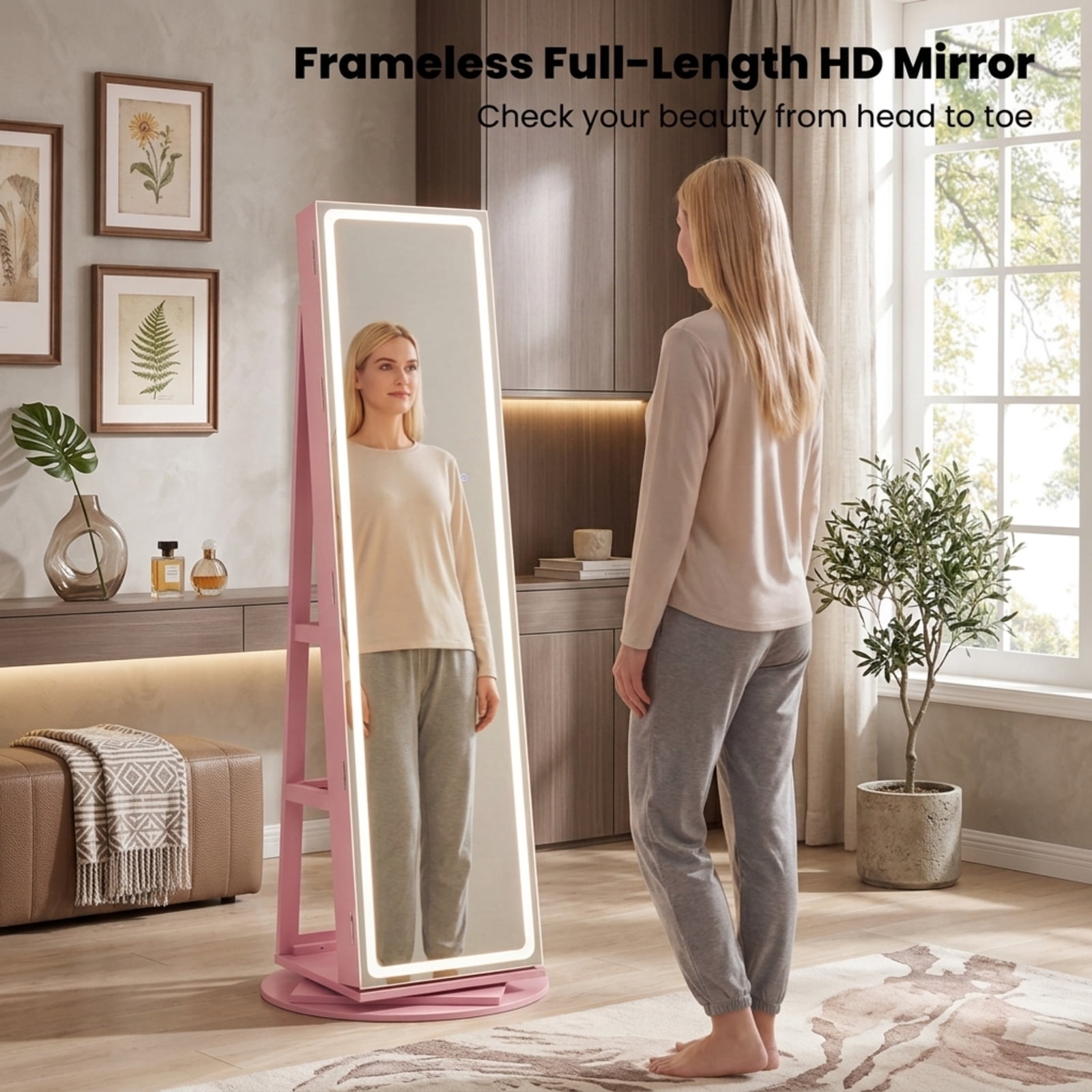Furnibear Standing Jewelry Cabinet with Adjustable LED Lights for Bedroom Dressing Room Jewelry Necklace Rings Storage Mirror, Pink