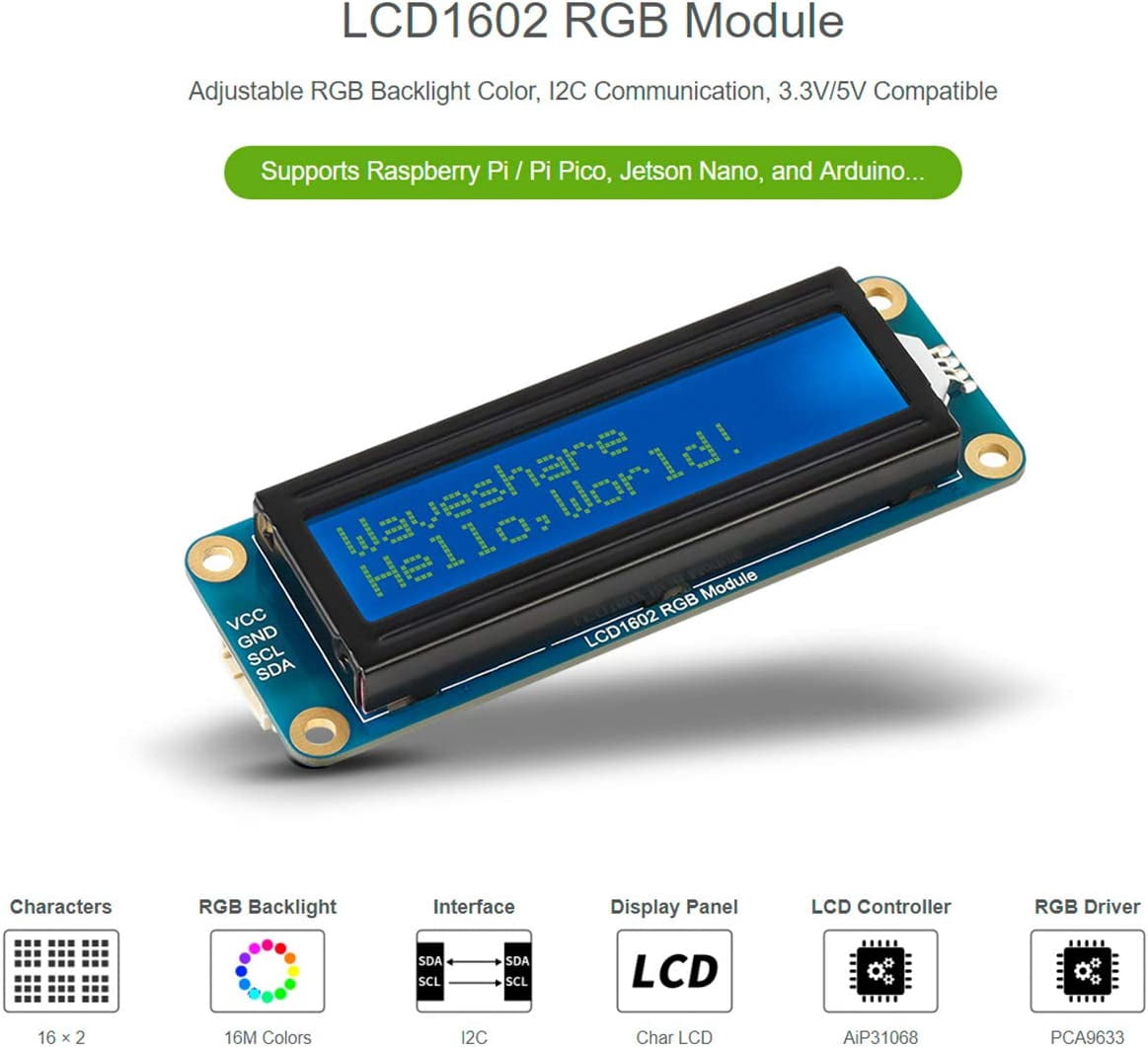 LCD1602 RGB Module 16x2 Characters LCD, Adjustable RGB Backlight Color, 16M Backlight Colors 3.3V/5V Operating Voltage, I2C Bus for /Pi Pico/for Arduino/Jetson Nano Developer Kit