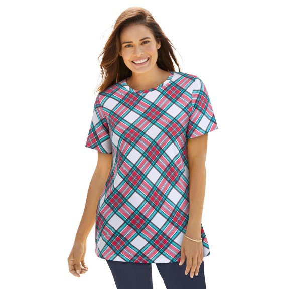 Woman Within Plus Size Perfect Printed Short-Sleeve Crewneck Tee