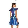 thumbnail image 2 of TiaoBug Women's Metallic Shiny Fly Sleeve Skater A-Line Pleated Club Party Dress with Alien Headwear Blue S, 2 of 6