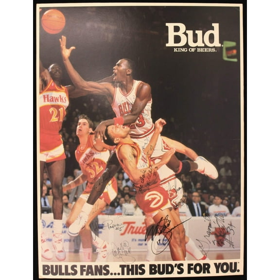 Michael Jordan 1987-88 Chicago Bulls Team Signed 18x24 Budweiser Poster JSA COA