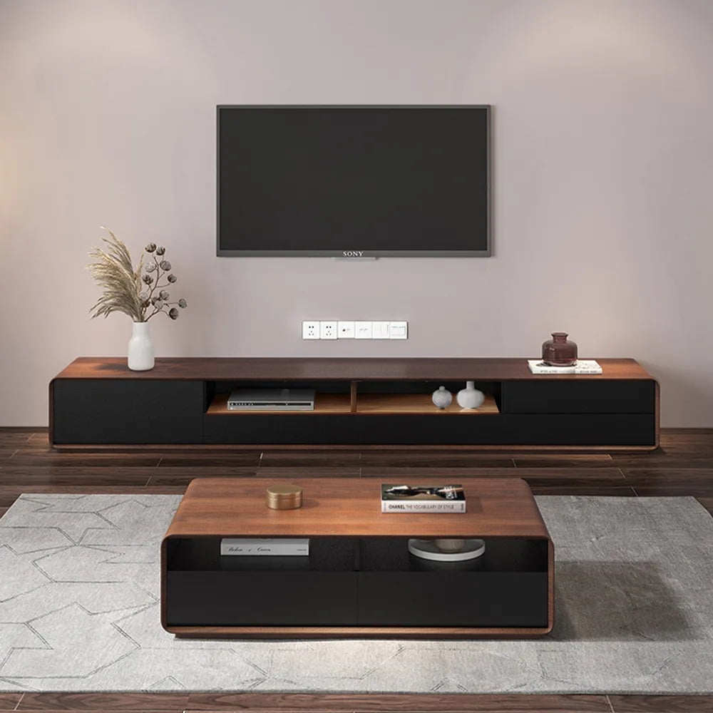 POVISON Modern Wood Black TV Stand, Lowline Media Console with 4 Drawers, Open Storage Cabinet, Walnut Veneer, Fully-assembled, 78"