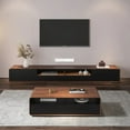 thumbnail image 2 of POVISON Modern Wood Black TV Stand, Lowline Media Console with 4 Drawers, Open Storage Cabinet, Walnut Veneer, Fully-assembled, 78", 2 of 9