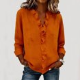 thumbnail image 2 of CIENVNSTG Women's Ruffled Collar Blouses Dressy Boho Casual Ruffle V Neck Long Sleeve Dress Shirt Loose Fit Tops Orange M, 2 of 6