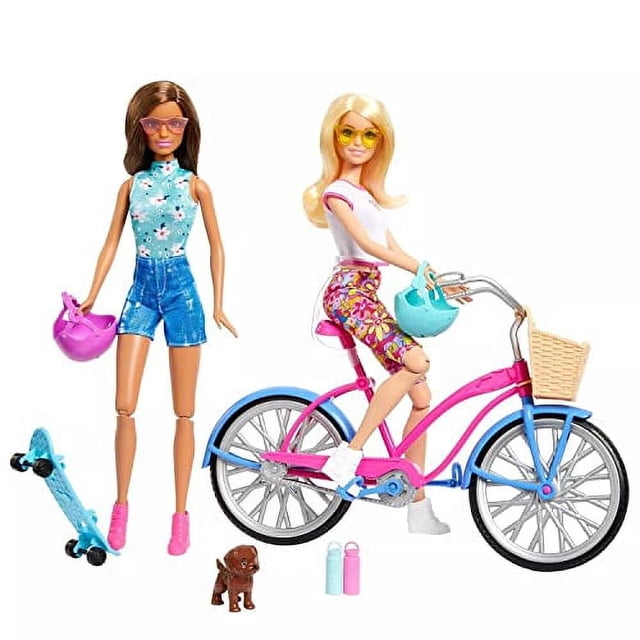 Bicicleta Playset Barbie para exteriores con 2 muñecas monopatín y cachorro Barbie