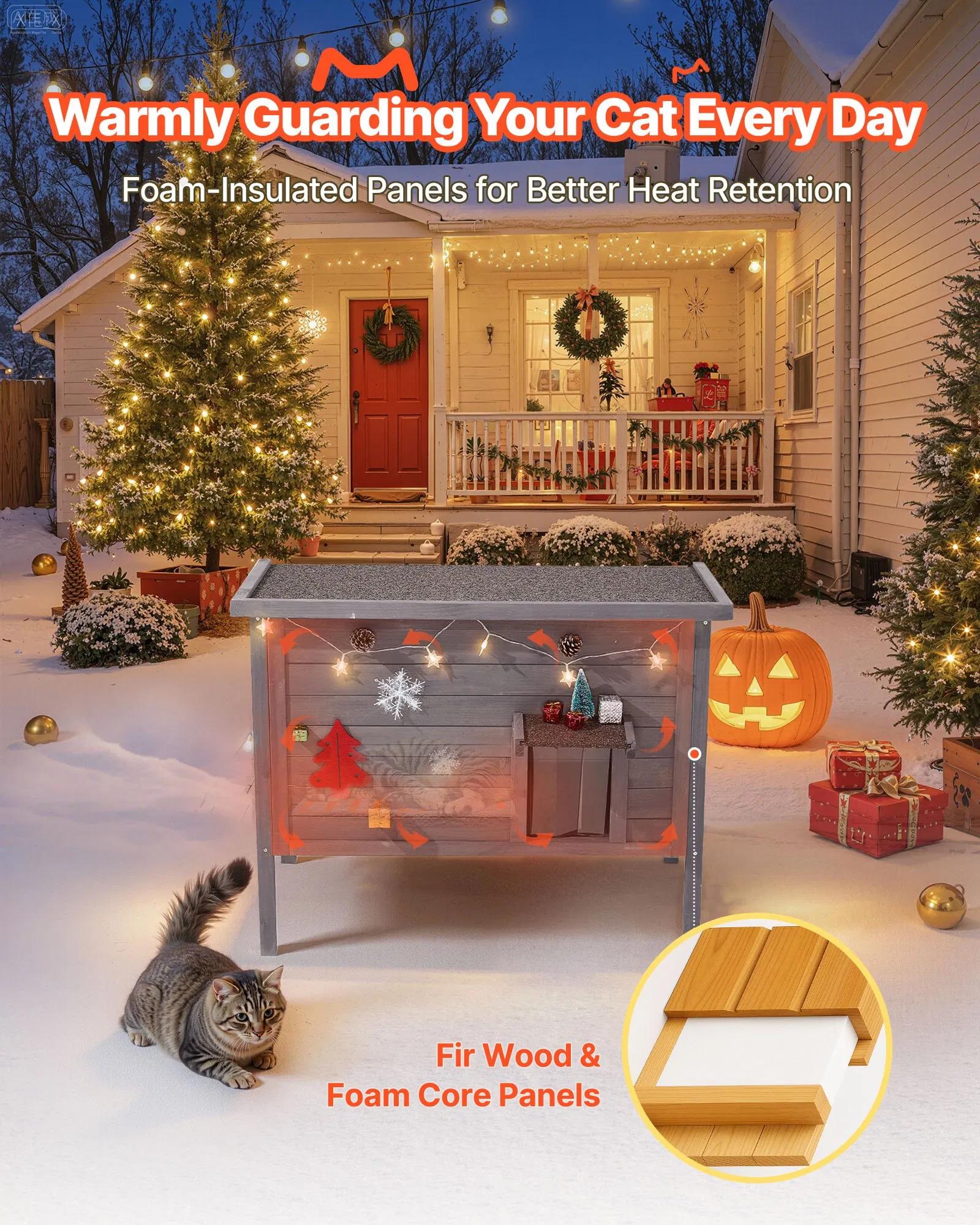 Heated Cat House, Insulated Wooden Cat House for Outdoor Cats, Waterproof Feral Kitty Shelter with Heating Pad, PVC Flap Door & Openable Asphalt Roof for 1-3 Cats in Winter