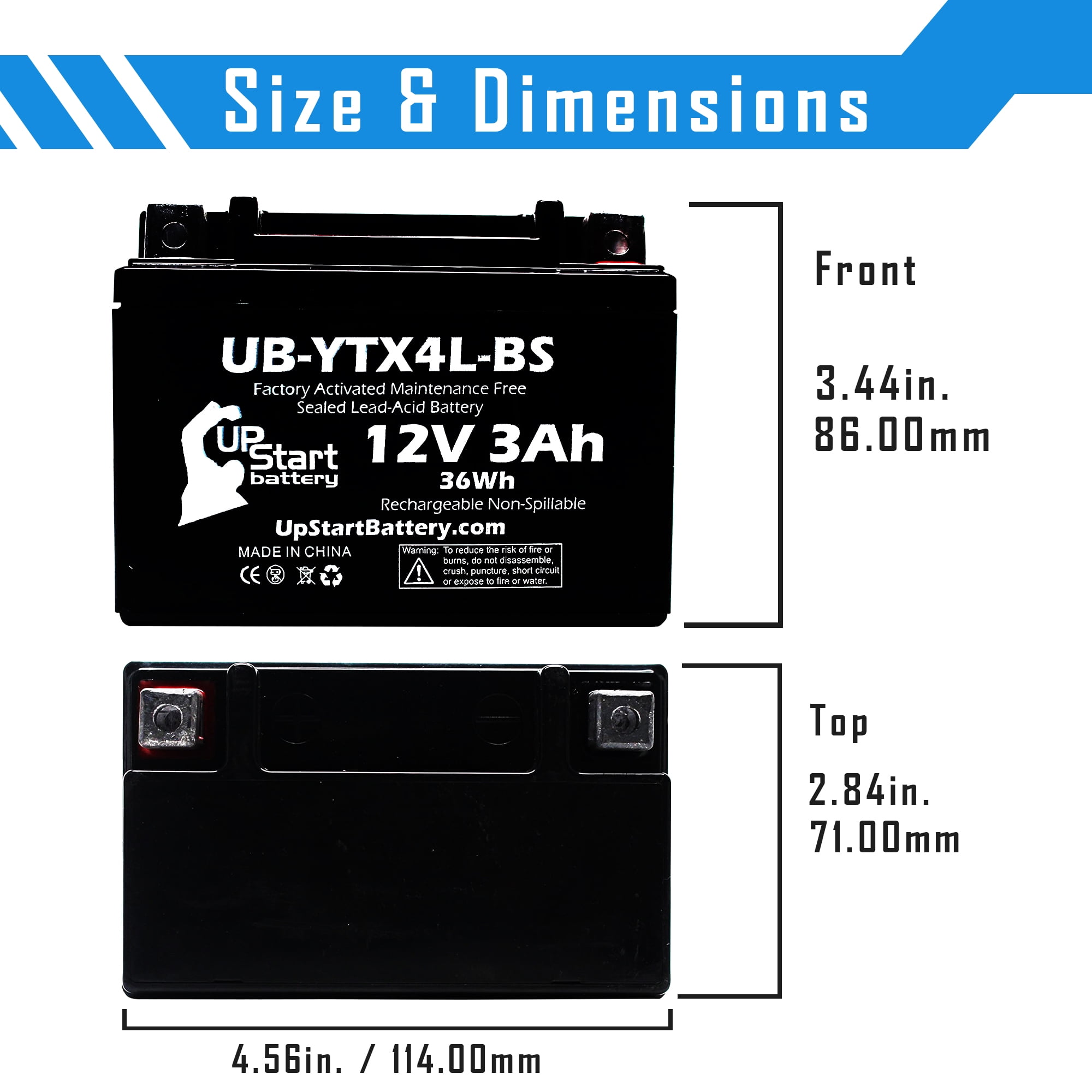 UpStart Battery Replacement 1992 Suzuki DR350S 350CC Factory Activated, Maintenance Free, Motorcycle Battery - 12V, 3Ah, UB-YTX4L-BS