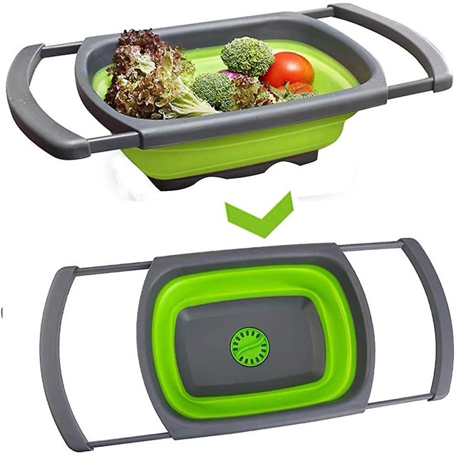 Colander es plegable, con diseño de enchufe giratorio, cesta de drenaje de lavabo plegable, fregadero de verduras/frutas con mango retráctil, Ba de drenaje plegable para cocina Feliz Sencillez
