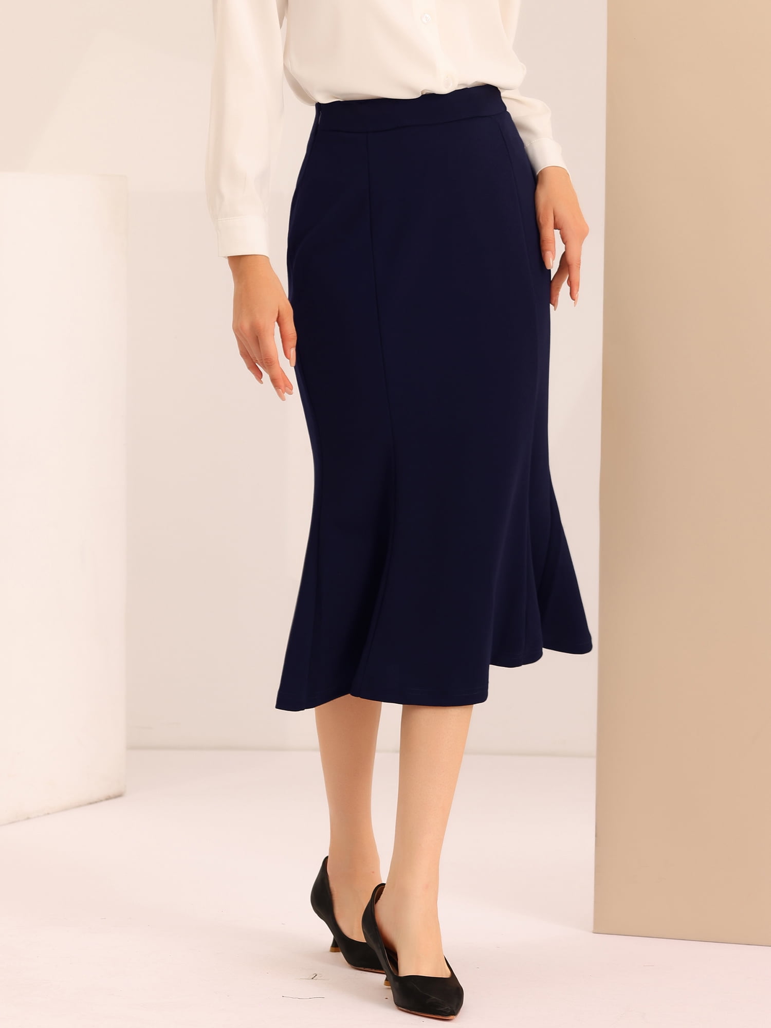 DARING DIVA Women's Bodycon High Waist Ruffle Hem Fishtail Midi Skirt XS Navy Blue