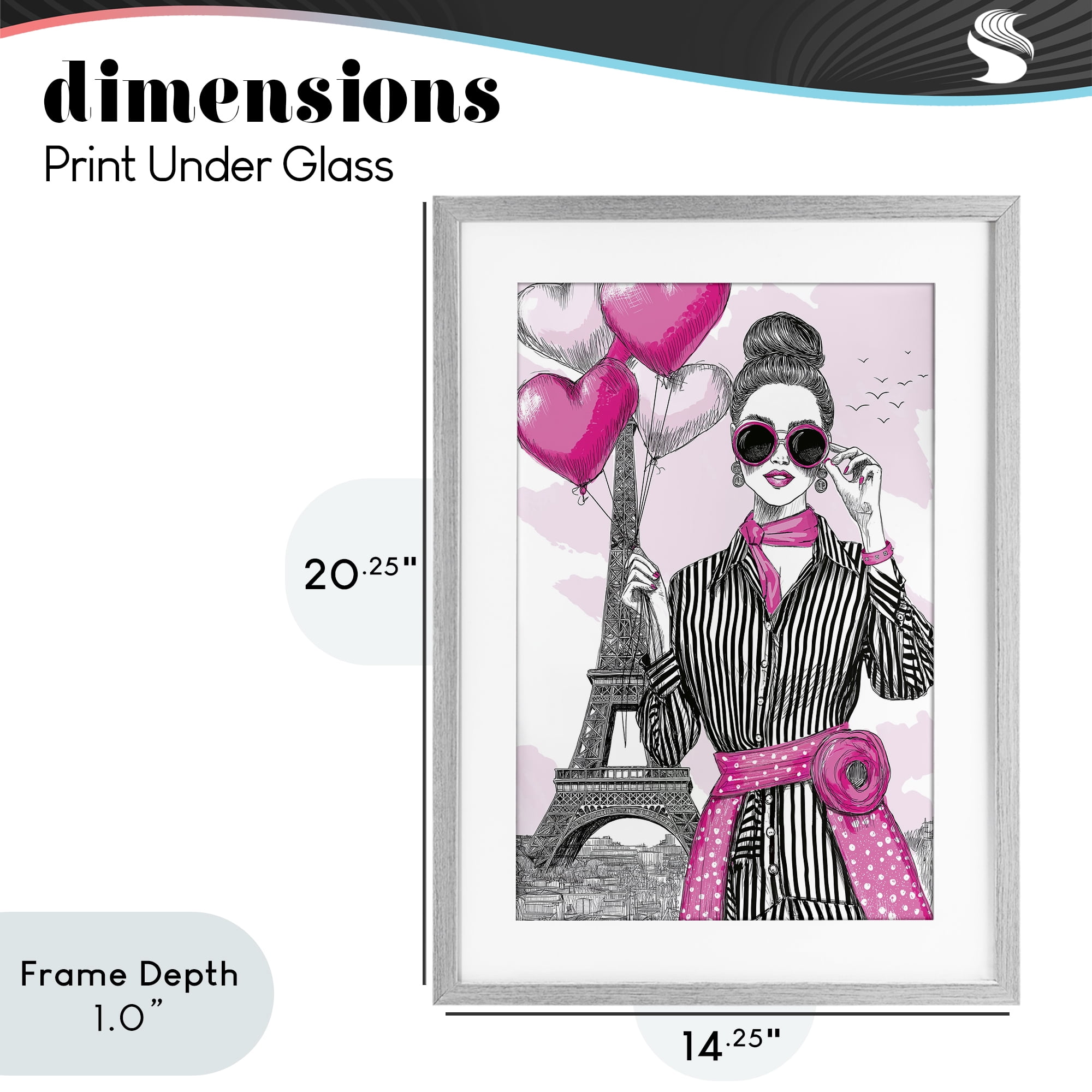 Stupell Industries Parisian Chic Woman with Balloons Gray Framed Print Under Glass, design by Jess Stempel