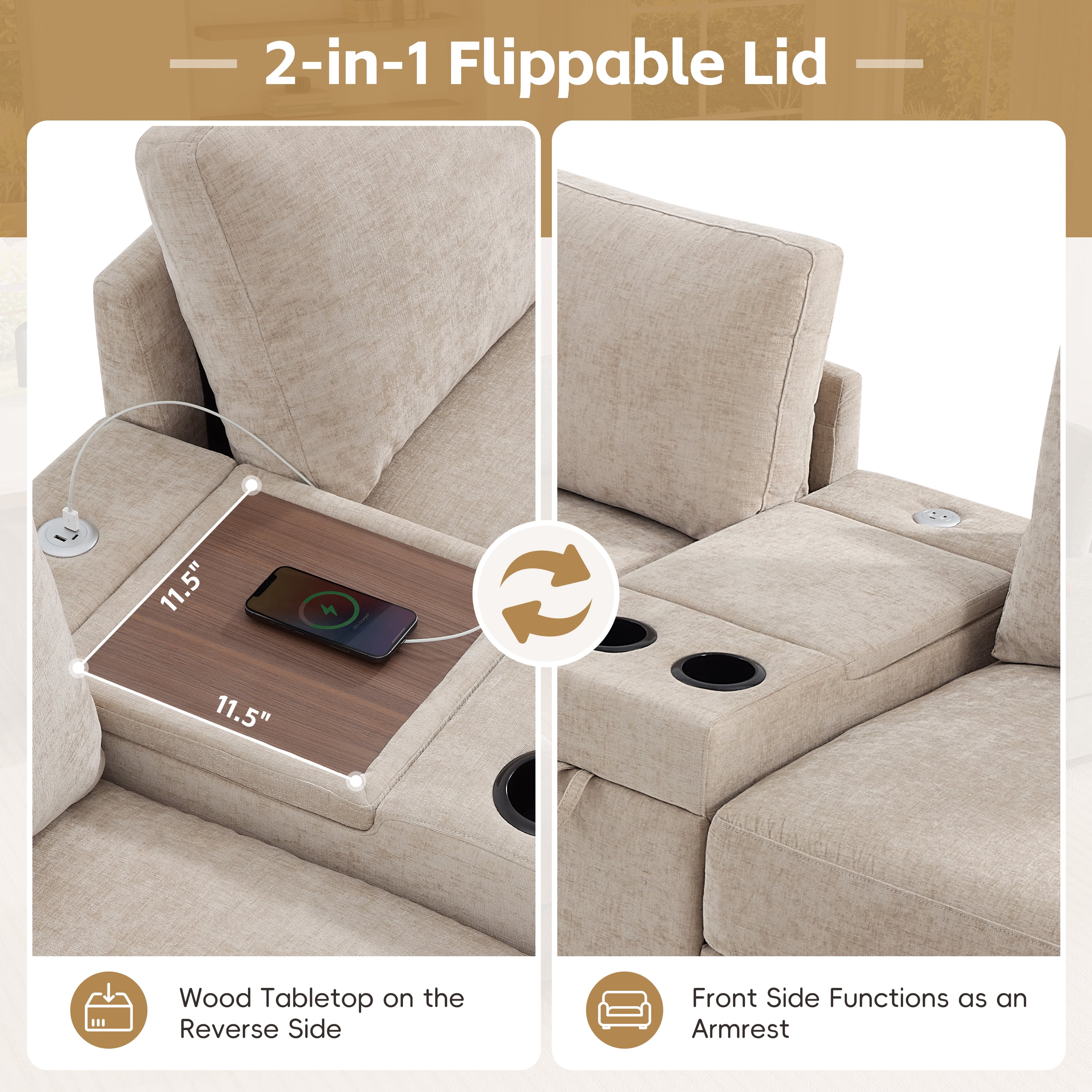 GARITIN 6 Seat U Shaped Modular Sectional Sofa 118 Inch, Oversized Chenille Couch with Ottoman and Storage Console with USB Charging, Beige